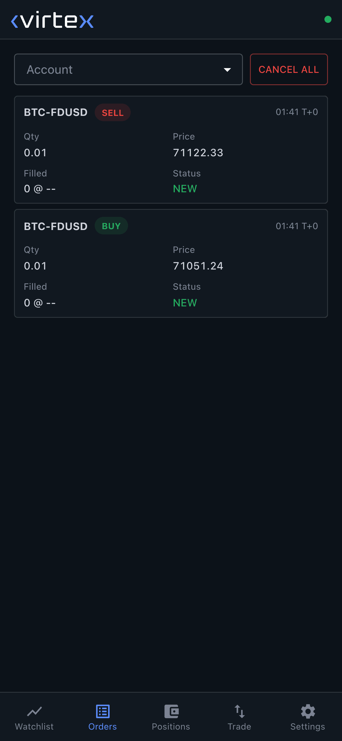 Virtex mobile trading interface